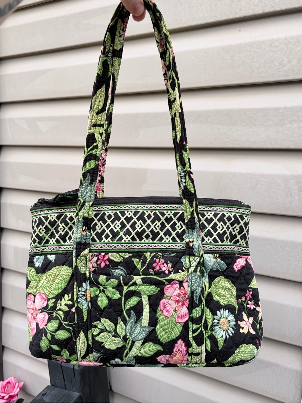 Vera Bradley Black Quilted Floral Tote with Pink & Green Accents